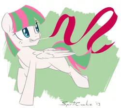 Size: 690x616 | Tagged: artist:spiritcookie, blossomforth, filly, filly blossomforth, mouth hold, ribbon, safe, solo
