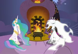 Size: 3000x2077 | Tagged: safe, artist:somashield, derpibooru import, princess celestia, oc, oc:pandora, alicorn, earth pony, pony, collar, crown, female, fireplace, horn, jewelry, mare, regalia, sad, tail, wings