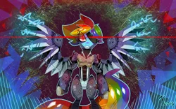 Size: 3000x1875 | Tagged: dead source, safe, artist:kaliptro, derpibooru import, rainbow dash, cyborg, pegasus, pony, abstract background, amputee, augmented, bipedal, crossover, electricity, eyepatch, female, glowing eyes, konami, looking at you, mare, metal gear, metal gear rising, prosthetic limb, prosthetic wing, prosthetics, raiden, science fiction, slit eyes, solo, spread wings, wide eyes