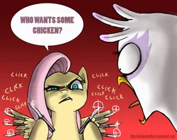 Size: 1018x805 | Tagged: semi-grimdark, artist:doublewbrothers, derpibooru import, fluttershy, gilda, butterfly, gryphon, badass, butterfly knife, cropped, dialogue, flutterbadass, gildabuse, gradient background, knife, out of character, this will end in death