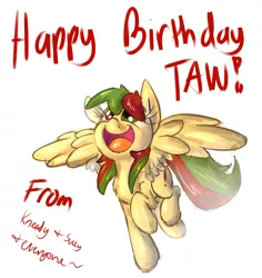 Size: 2411x2550 | Tagged: safe, artist:leadhooves, derpibooru import, oc, oc:blowsy wings, unofficial characters only, pegasus, pony, birthday, female, happy, happy birthday, heterochromia, mare, open mouth, simple background, solo, spread wings, taw, white background, wings