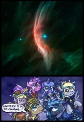 Size: 620x900 | Tagged: safe, artist:saturnspace, derpibooru import, idw, amethyst star, derpy hooves, dinky hooves, doctor whooves, princess luna, star hunter, time turner, pegasus, pony, clockwise whooves, exploitable meme, female, jack harkness, mare, meme, nature is so fascinating, reference, universe is so fascinating