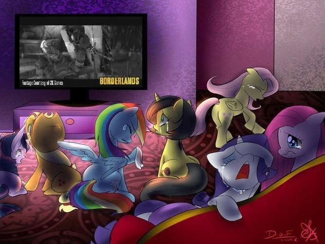 Size: 667x500 | Tagged: applejack, borderlands, claptrap, crying, derpibooru import, dying, exploitable meme, fluttershy, mane six, meme, oc, oc:pauly sentry, pinkie pie, rainbow dash, rarity, sad movie meme, safe, steve, twilight sparkle