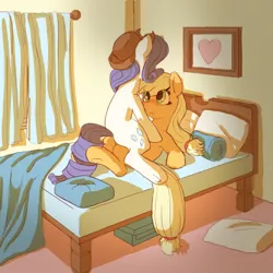 Size: 1000x1000 | Tagged: suggestive, artist:mewball, derpibooru import, applejack, rarity, earth pony, pony, unicorn, accessory swap, bed, bedroom, blushing, cowgirl position, female, hat, hooves, interior, lesbian, mare, plot, rarijack, shipping