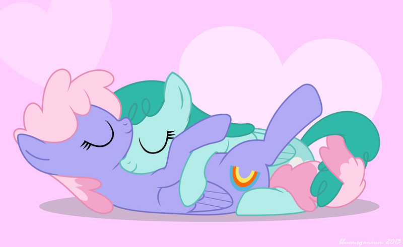Size: 3316x2037 | Tagged: artist:bluemeganium, cuddling, cute, eyes closed, female, heart, intertwined tails, lesbian, love, rainbowshine, safe, shipping, snuggling, spring melody, sprinkle medley, sprinkleshine