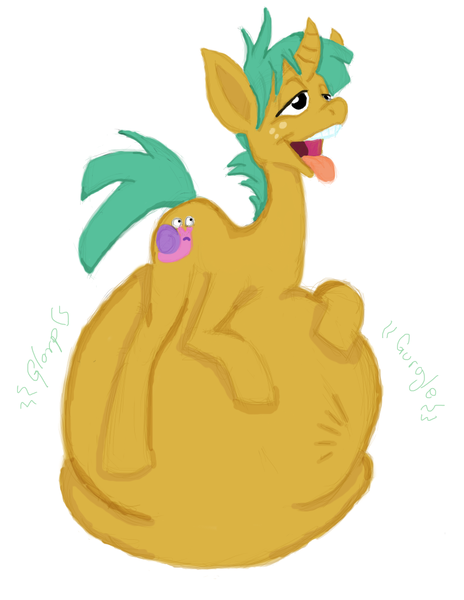 Size: 816x1056 | Tagged: questionable, artist:dragga, derpibooru import, applejack, snails, belly, belly bed, fat, fat fetish, fetish, impossibly large belly, open mouth, stomach noise, tongue out, vore