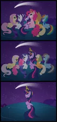 Size: 5000x10623 | Tagged: safe, artist:agamnentzar, artist:tim015, derpibooru import, applejack, fluttershy, pinkie pie, rainbow dash, rarity, twilight sparkle, twilight sparkle (alicorn), alicorn, earth pony, pegasus, pony, unicorn, absurd resolution, accessory swap, big crown thingy, blanket, bonnet, comet, comic, crying, element of magic, ethereal mane, feels, female, frown, glasses, hill, immortality blues, implied death, jewelry, lidded eyes, looking back, looking up, mare, mouth hold, night, older, open mouth, pinkie being pinkie, plot, prone, regalia, sad, sitting, sky, smiling, starry mane, stars, tearjerker, twilight will outlive her friends