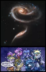 Size: 621x972 | Tagged: safe, artist:saturnspace, derpibooru import, idw, amethyst star, derpy hooves, dinky hooves, doctor whooves, princess luna, star hunter, time turner, pegasus, pony, clockwise whooves, exploitable meme, female, jack harkness, mare, meme, nature is so fascinating, reference, universe is so fascinating