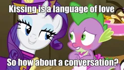 Size: 612x350 | Tagged: safe, derpibooru import, edit, edited screencap, screencap, rarity, spike, dragon, pony, unicorn, dragon quest, apron, blushing, caption, clothes, female, image macro, male, mare, meme, rarity's bad pickup lines, shipping, sparity, straight