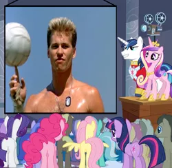 Size: 1024x1000 | Tagged: background pony, derpibooru import, fluttershy, homoerotic beach volleyball, human, movie, pinkie pie, princess cadance, projector, rarity, safe, shining armor, top gun, twilight sparkle, val kilmer, volleyball