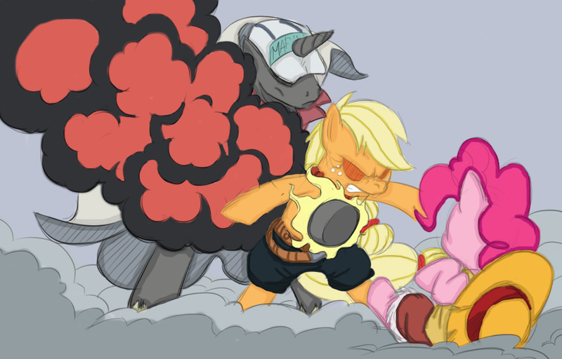 Size: 877x561 | Tagged: semi-grimdark, artist:darkpandax, derpibooru import, ace, applejack, pinkie pie, ponified, pony, akainu, colored, crossover, death, hat, image, magma, marineford, monkey d luffy, one piece, photo, png, portgas d ace, sacrifice, straw hat, this will end in death, this will end in tears, this will end in tears and/or death