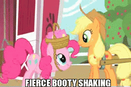 Size: 260x173 | Tagged: animated, applejack, basket hat, butt shake, caption, edit, edited screencap, hat, out of context, party of one, pinkie pie, plot, safe, screencap, twerking