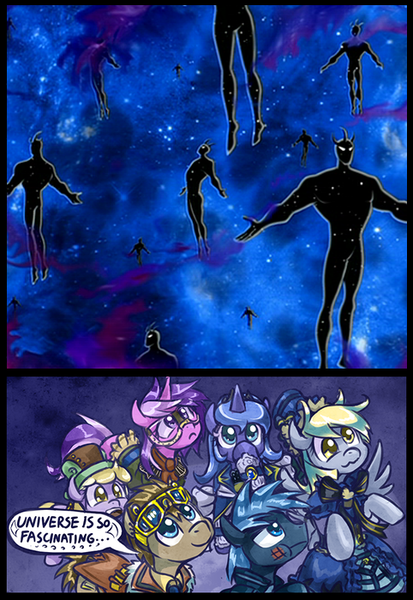 Size: 482x700 | Tagged: safe, derpibooru import, idw, amethyst star, derpy hooves, dinky hooves, doctor whooves, princess luna, star hunter, time turner, pegasus, pony, clockwise whooves, alien x, ben 10, ben 10 ultimate alien, exploitable meme, female, jack harkness, mare, meme, nature is so fascinating, obligatory pony, reference, universe is so fascinating