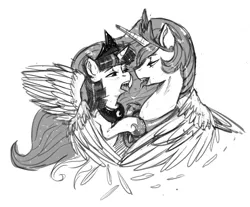 Size: 4304x3561 | Tagged: suggestive, artist:kevinsano, derpibooru import, princess celestia, twilight sparkle, twilight sparkle (alicorn), alicorn, pony, drool, drool string, female, grayscale, kissing, lesbian, mare, monochrome, shipping, sloppy kissing, twilestia