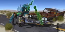 Size: 2560x1280 | Tagged: artist:darth-biomech, car, crossover, derpibooru import, fallout, gun, highwayman, mad max, queen chrysalis, safe, shotgun, wasteland