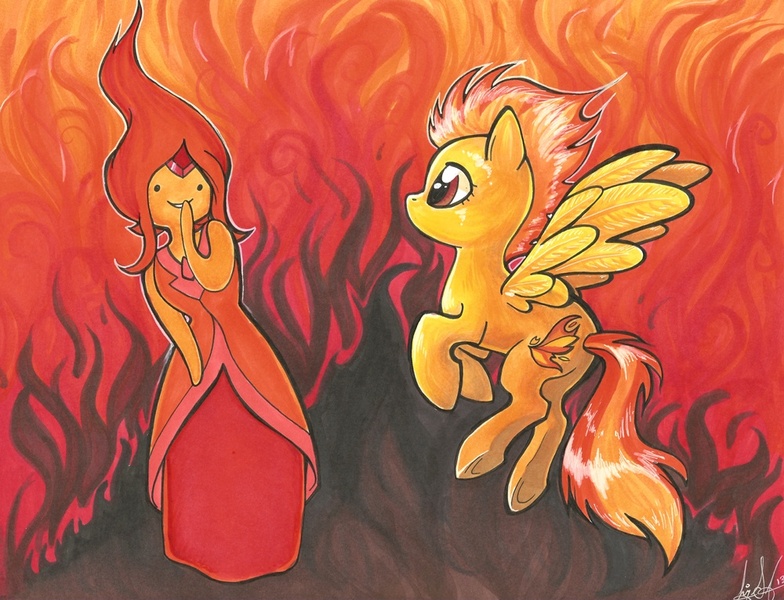 Size: 1000x765 | Tagged: artist:lizspit, derpibooru import, flame princess, safe, spitfire, traditional art