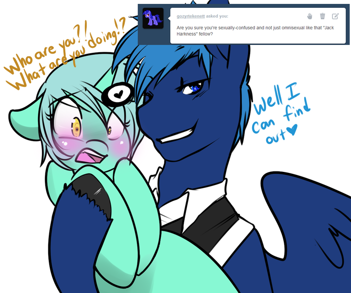 Size: 1080x900 | Tagged: safe, artist:azure-doodle, derpibooru import, lyra heartstrings, star hunter, ponified, pegasus, pony, unicorn, background pony, blushing, clothes, dialogue, doctor who, female, heart, implied pansexual, jack harkness, looking at you, male, mare, open mouth, sexually confused lyra, simple background, smiling, stallion, tumblr, white background