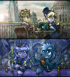 Size: 700x769 | Tagged: safe, artist:saturnspace, derpibooru import, derpy hooves, doctor whooves, princess luna, star hunter, time turner, pegasus, pony, clockwise whooves, breakfast, canterlot, clockpunk, contrast, doctor who, female, jack harkness, mare, muffin, night, pointing, tea, wine, wine bottle, wine glass