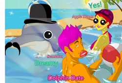 Size: 610x415 | Tagged: ball, beach, clothes, date, derpibooru import, dolphin, hat, lips, moustache, ocean, safe, sand, speech bubble, swimming, swimsuit, wat, water, wtf