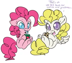 Size: 950x835 | Tagged: safe, artist:lustrous-dreams, derpibooru import, pinkie pie, surprise, earth pony, pegasus, pony, adoraprise, cookie, cute, dialogue, diapinkes, drink, drinking, filly, floppy ears, g1, g1 to g4, generation leap, juice box, looking at you, simple background, sitting, smiling, straw, underhoof, white background, younger