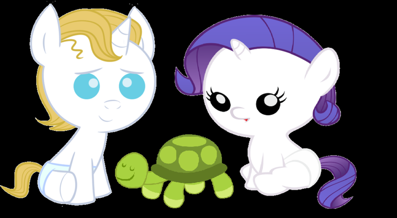 Size: 900x495 | Tagged: safe, artist:sadaslhey, derpibooru import, prince blueblood, rarity, pony, turtle, baby, baby pony, cute, diaper, prince bluebetes