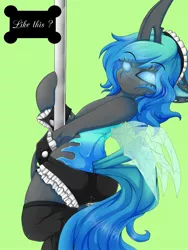 Size: 1200x1600 | Tagged: artist:rainbowscreen, ass, blue changeling, changeling, changeling oc, changeling queen, changeling queen oc, derpibooru import, female, oc, oc:jewel, pole dancing, semi-anthro, stripper pole, suggestive, unofficial characters only