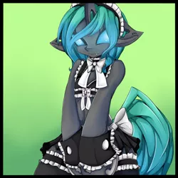 Size: 822x822 | Tagged: artist:rainbowscreen, blue changeling, changeling, changeling oc, changeling queen, changeling queen oc, clothes, derpibooru import, female, maid, oc, oc:jewel, semi-anthro, suggestive, unofficial characters only