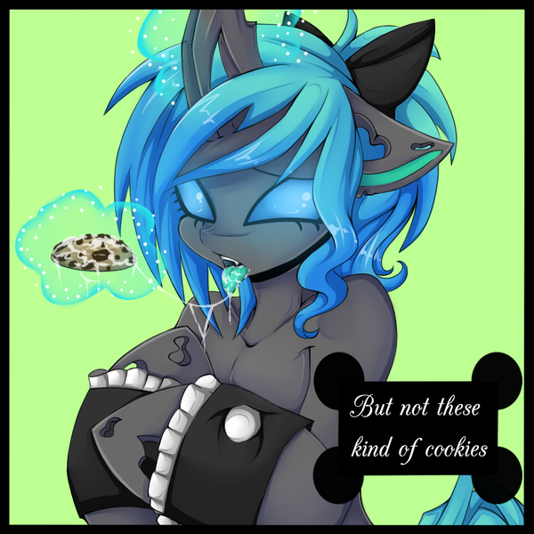 Size: 822x822 | Tagged: artist:rainbowscreen, blue changeling, changeling, changeling oc, changeling queen, changeling queen oc, clothes, cookie, cum, cum on food, derpibooru import, female, food fetish, maid, oc, oc:jewel, questionable, semi-anthro, unofficial characters only