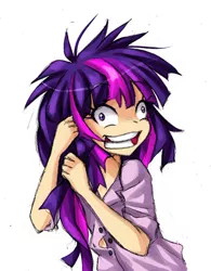 Size: 482x617 | Tagged: artist:semehammer, clothes, derpibooru import, female, human, humanized, insanity, lesson zero, messy mane, petting, safe, scene interpretation, solo, twilight snapple, twilight sparkle, unbuttoned