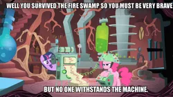 Size: 1280x720 | Tagged: safe, derpibooru import, edit, edited screencap, screencap, pinkie pie, twilight sparkle, earth pony, pony, unicorn, feeling pinkie keen, bipedal, bipedal leaning, duo, female, helmet, laboratory, leaning, machinery, mare, quote, the princess bride, twilight's lab, unicorn twilight