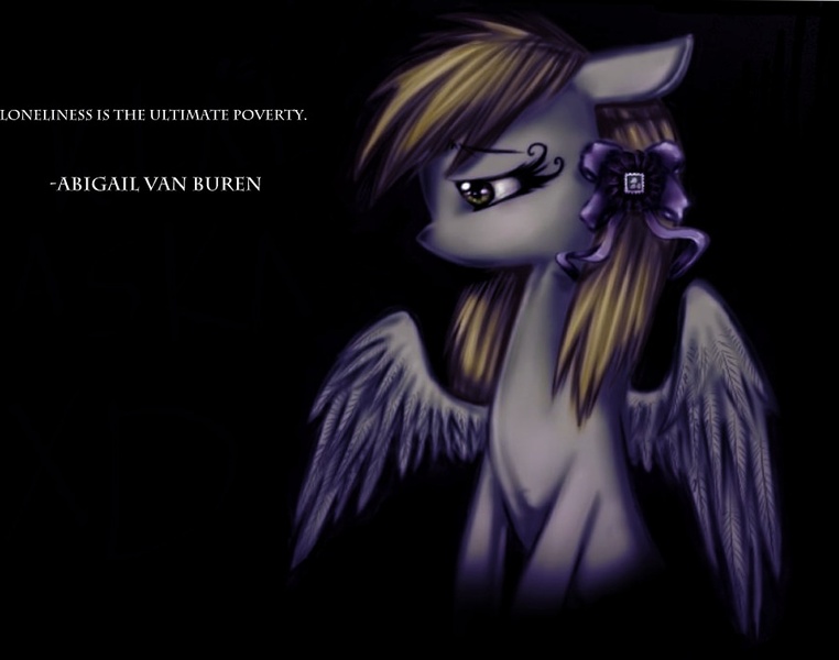 Size: 900x709 | Tagged: safe, artist:klalaskaxd, derpibooru import, edit, derpy hooves, pegasus, pony, abigail van buren, epic derpy, female, lonely, mare, quote, sad, solo