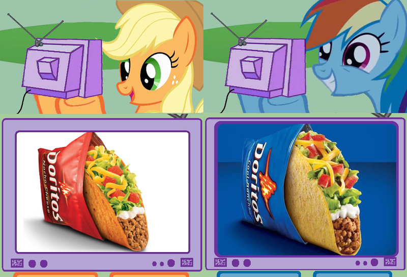 Size: 1125x767 | Tagged: applejack, cool ranch, derpibooru import, doritos, doritos locos tacos, exploitable meme, nacho cheese, rainbow dash, safe, taco, taco bell, taco bell dorito shell, tv meme