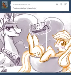 Size: 550x575 | Tagged: suggestive, artist:johnjoseco, derpibooru import, applejack, princess celestia, alicorn, pony, ask princess molestia, princess molestia, apple jacks, blushing, comic, foodplay, imminent sex, milk, partial color, pun