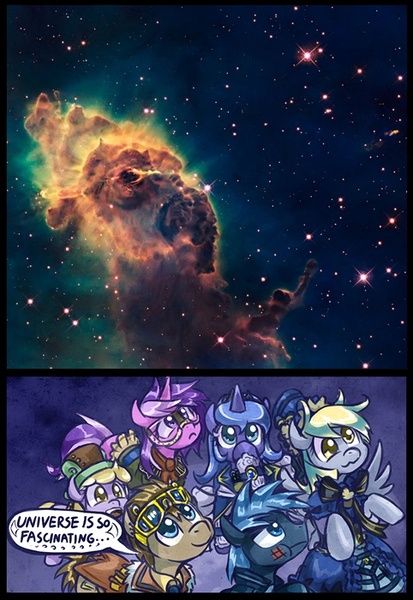 Size: 482x700 | Tagged: safe, derpibooru import, amethyst star, derpy hooves, dinky hooves, doctor whooves, princess luna, star hunter, time turner, pegasus, pony, clockwise whooves, carina nebula, exploitable meme, female, jack harkness, mare, meme, nature is so fascinating, universe is so fascinating