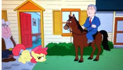 Size: 1278x733 | Tagged: adam west, apple bloom, branding, derpibooru import, family guy, horse, humans riding horses, peter griffin, safe