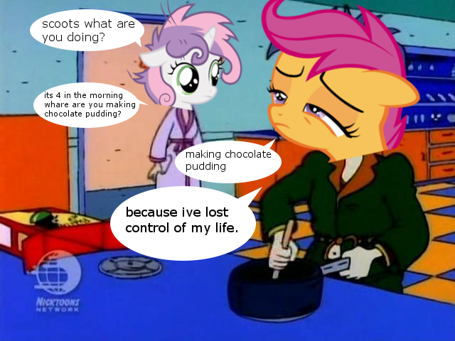 Size: 640x480 | Tagged: chocolate pudding, derpibooru import, lost control of my life, making chocolate pudding, parody, rugrats, safe, scootaloo, speech bubble, stu pickles, sweetie belle, tired