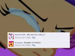 Size: 547x408 | Tagged: chicken, chickun, comments, crying, derpibooru import, exploitable meme, facebook, forced meme, meme, parody, safe, scootaloo, sweetie belle, text, thingken of life
