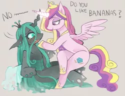 Size: 772x591 | Tagged: artist:k-of-ice, banana, blushing, derpibooru import, friendship is magic bitch, pixiv, princess cadance, queen chrysalis, suggestive