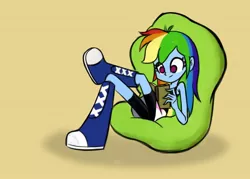 Size: 960x686 | Tagged: safe, artist:khuzang, derpibooru import, rainbow dash, equestria girls, beanbag chair, book, reading, solo