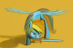 Size: 646x423 | Tagged: artist:justdayside, derpibooru import, mouth hold, rainbow dash, safe, simple background, solo, sword, weapon