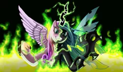 Size: 2968x1729 | Tagged: safe, artist:tails1000, derpibooru import, princess cadance, queen chrysalis, alicorn, changeling, changeling queen, pony, cadance two face, character to character, disguise, disguised changeling, duality, fake cadance, fangs, female, fire, glow, glowing horn, green fire, grin, hoof shoes, hooves, horn, magic, mare, scene interpretation, smiling, solo, spread wings, teeth, transformation, wings