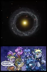 Size: 620x950 | Tagged: safe, artist:saturnspace, derpibooru import, idw, amethyst star, derpy hooves, dinky hooves, doctor whooves, princess luna, star hunter, time turner, pegasus, pony, clockwise whooves, beautiful, clockpunk, exploitable meme, female, galaxy, jack harkness, mare, meme, nature is so fascinating, reference, universe is so fascinating, wheel