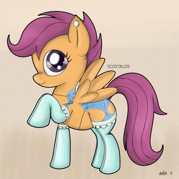 Size: 1500x1500 | Tagged: artist:mcsadat, clothes, derpibooru import, ear piercing, scootaloo, socks, stockings, style emulation, suggestive