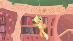 Size: 854x480 | Tagged: semi-grimdark, artist:superedit, derpibooru import, edit, edited screencap, screencap, applejack, earth pony, pony, look before you sleep, animated, book, dark comedy, death, female, hanging, hanging (by neck), mare, noose, open mouth, rope, silly, silly pony, suicide, swingjack, the great and powerful superedit, wide eyes