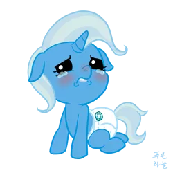 Size: 1200x1200 | Tagged: safe, artist:mrs1989, derpibooru import, trixie, pony, baby, baby pony, crying, cute, diaper, diatrixes, filly, foal, lip bite, poofy diaper, solo