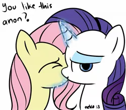Size: 1500x1300 | Tagged: safe, artist:mcsadat, derpibooru import, fluttershy, rarity, pony, unicorn, bedroom eyes, eyes closed, eyeshadow, female, flarity, forced, kissing, lesbian, looking at you, magic, magical encouragement, mare, shipping, smiling