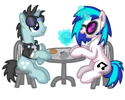 Size: 6000x4800 | Tagged: absurd resolution, artist:inkrose98, background pony, clothes, date, derpibooru import, earbuds, female, glasses, male, neon lights, rising star, safe, shipping, shirt, straight, table, vinylights, vinyl scratch