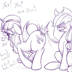 Size: 800x800 | Tagged: suggestive, artist:cladz, derpibooru import, applejack, rarity, pony, unicorn, ahegao, applejack is a spankaholic, bad anatomy, blood, blushing, dialogue, female, lesbian, masochism, monochrome, nosebleed, plot, rarijack, scrunchy face, sketch, spanking