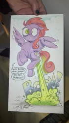 Size: 1024x1816 | Tagged: safe, artist:andypriceart, derpibooru import, oc, oc:glitterpoot, unofficial characters only, pegasus, pony, fart, fart noise, fart propulsion, talking, traditional art, wat, wide eyes