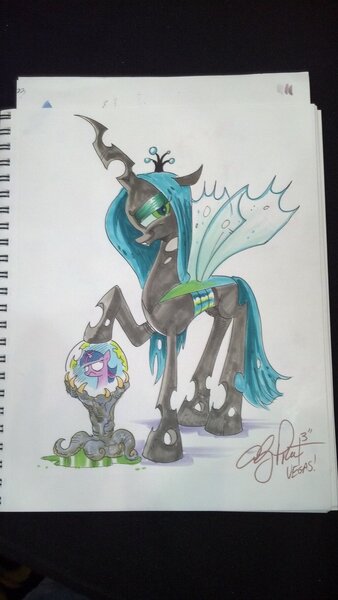 Size: 1024x1816 | Tagged: safe, artist:andypriceart, derpibooru import, idw, queen chrysalis, twilight sparkle, changeling, crystal ball